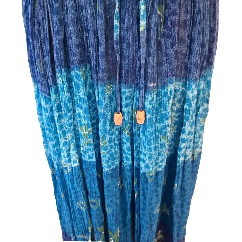 Vintage 1990s Jasmine KVM Maxi Dress Womens M Blue Batik Floral Button Front 90s
